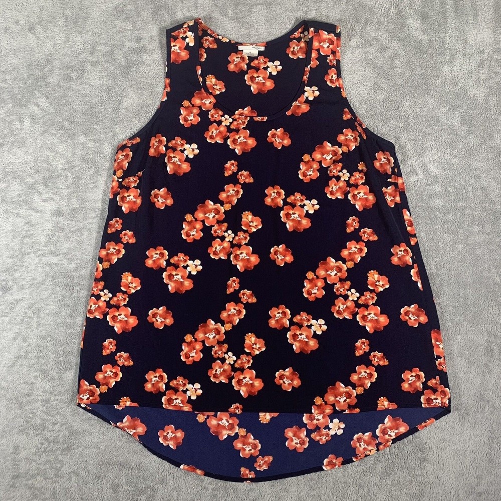 Halogen M Navy Blue Floral Scoop Neck Tank Blouse Sleeveless Relaxed Fit